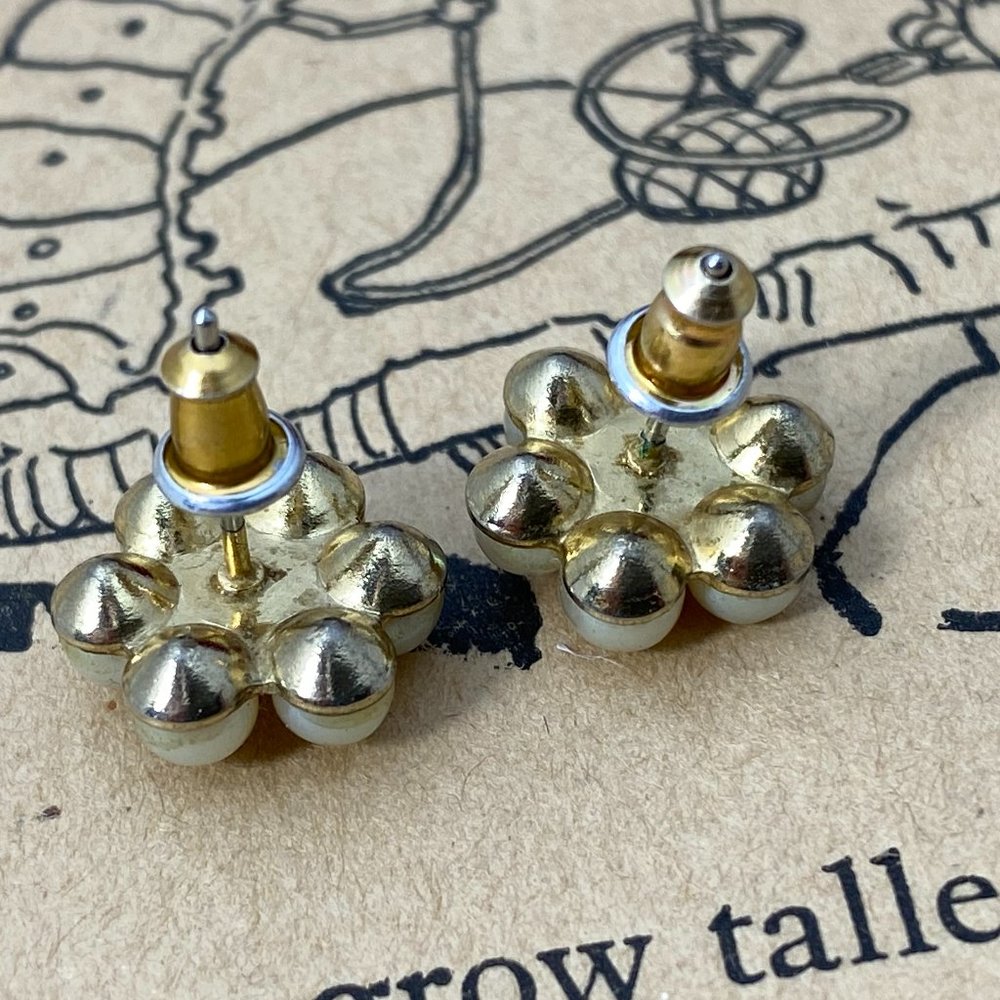 Vintage Faux Pearl & Rhinestone Flower Earrings - Picture 3 of 5